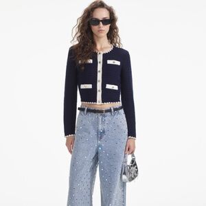 self-portrait Navy Crochet Contrast Trim Cardigan Size Medium - MSRP $510 - NWT